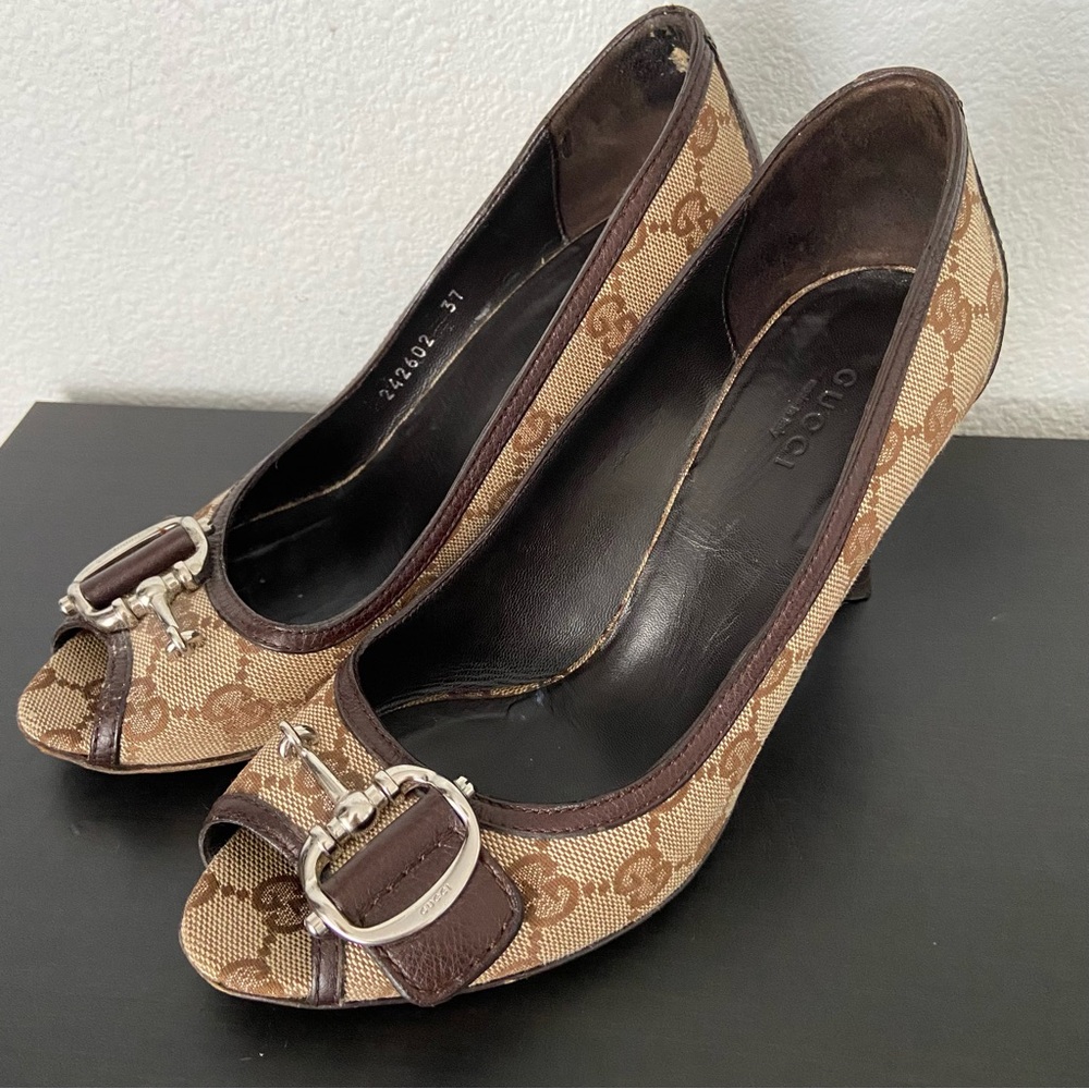 Gucci Brown Tan Monogram Peep-Toe Heels with Silver Buckle